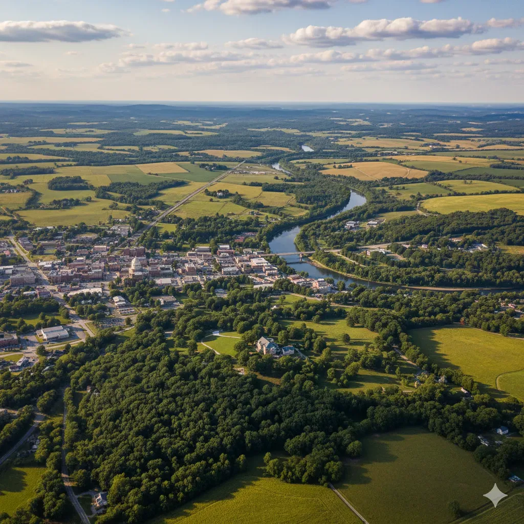 An aerial view of a lush green field with trees and a road.