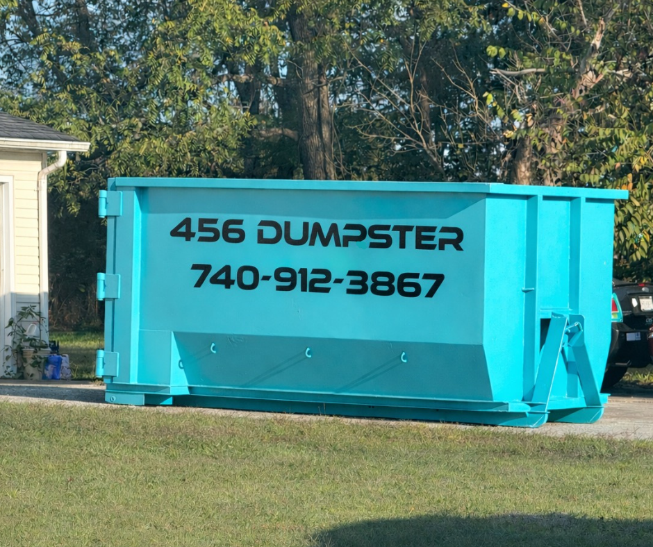 456 Dumpsters 20 yard roll-off on a renovation job site in southern Ohio