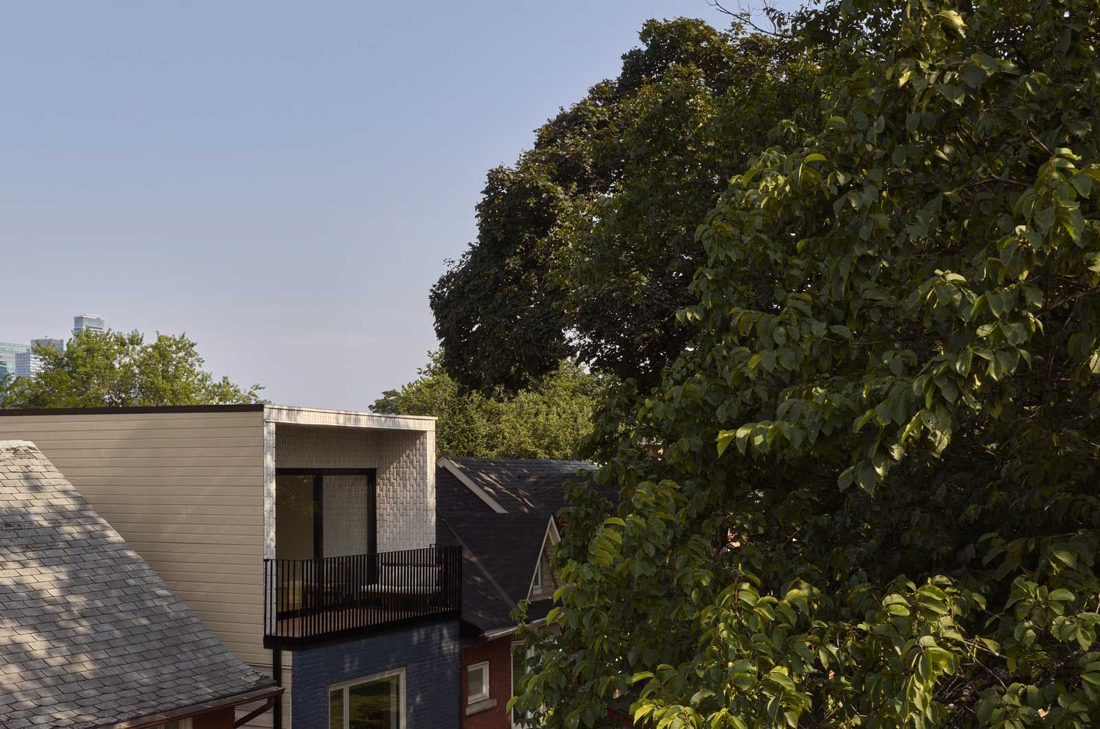 Roofs of houses with blue and white walls, with a large tree in front and a blue sky above.