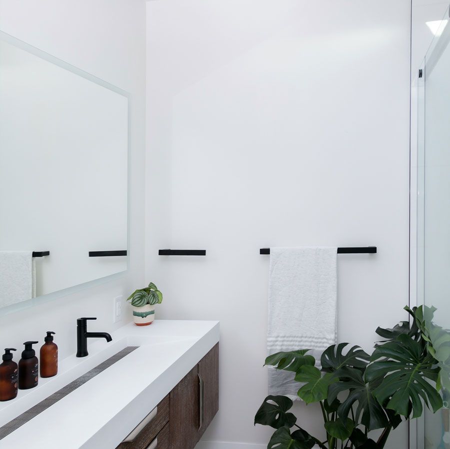 A bathroom with a sink a mirror and a plant