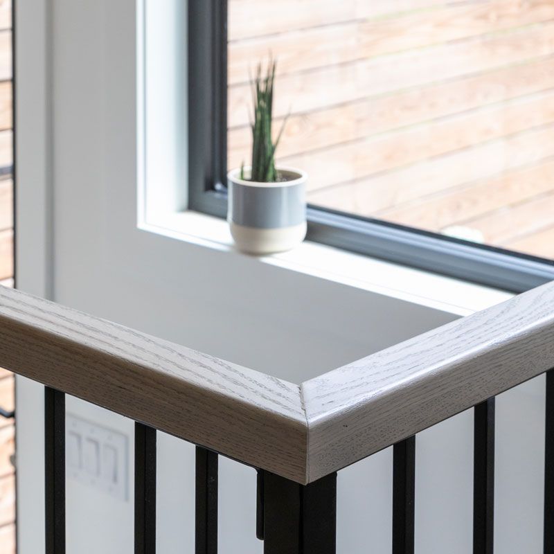 A potted plant sits on a window sill next to a railing