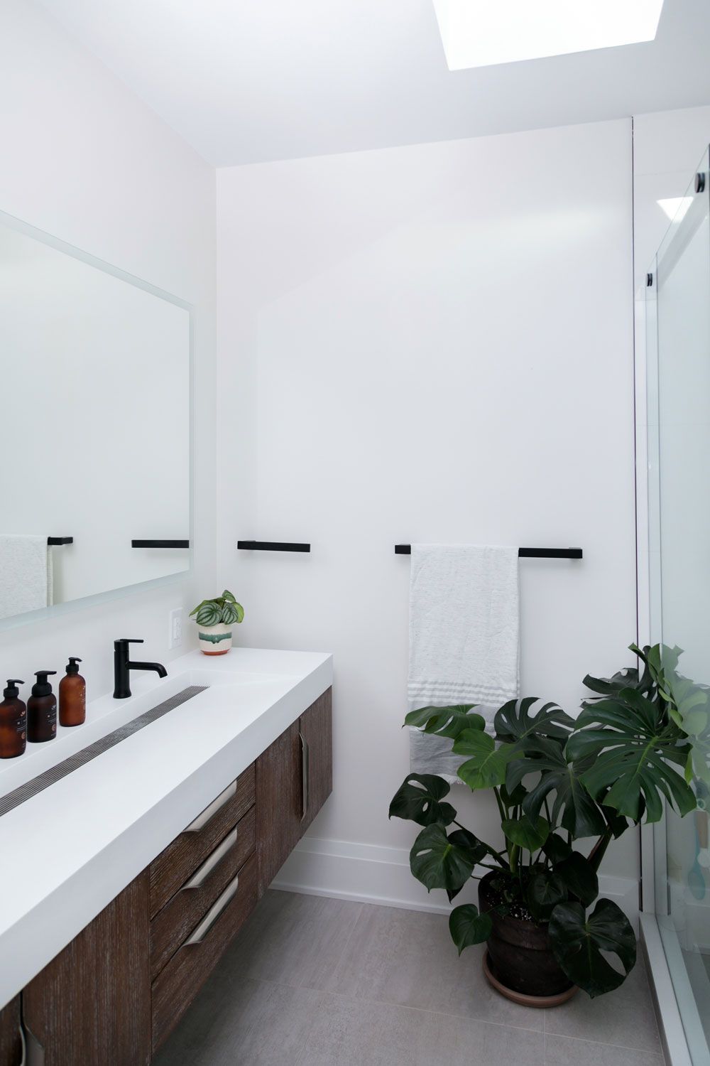 A bathroom remodel with a sink , mirror , and a potted plant.