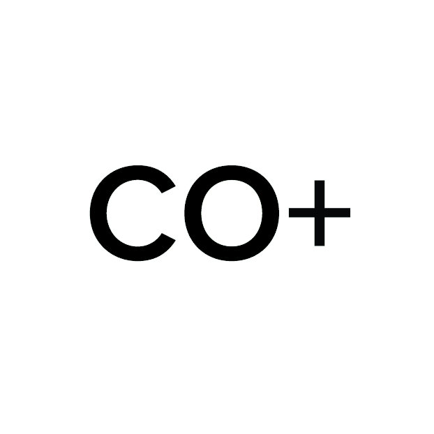 A black and white logo for a company called co +.