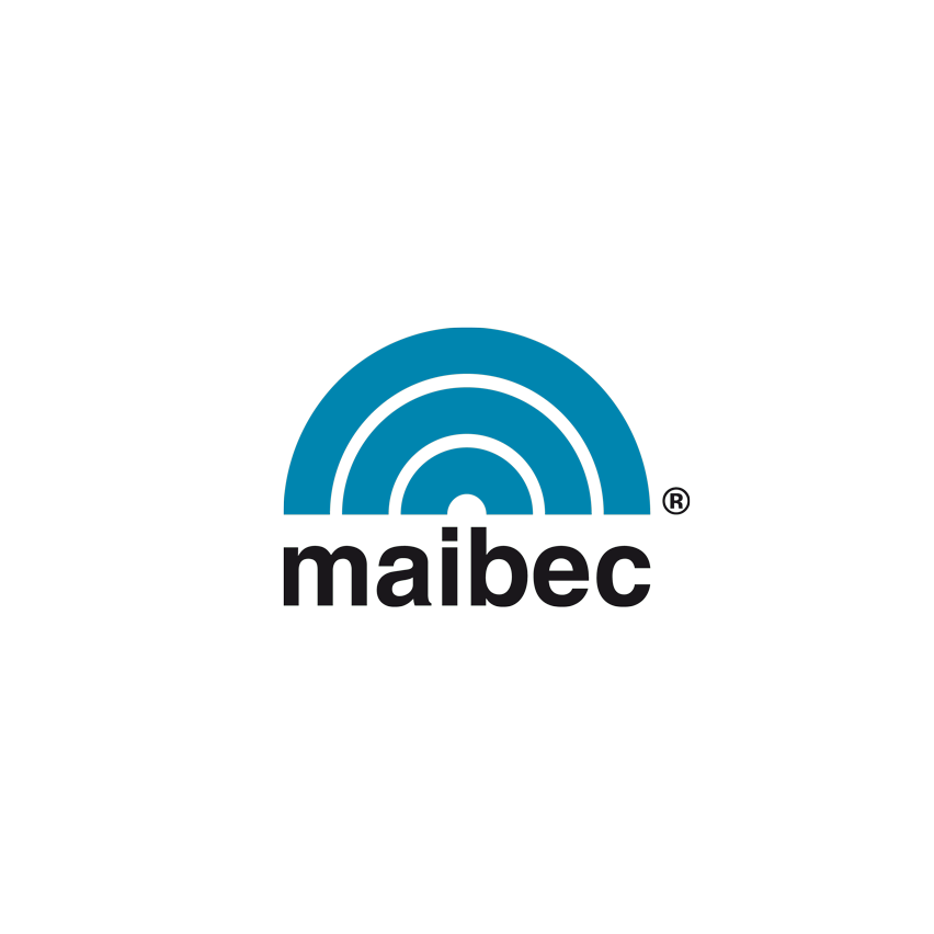 The maibec logo has a blue rainbow in the middle of it.