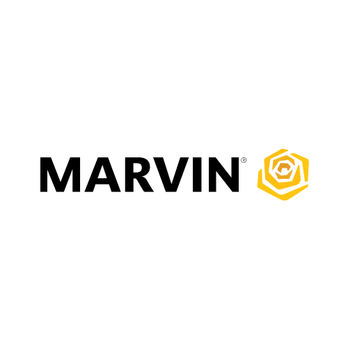 A marvin logo with a yellow rose on a white background.