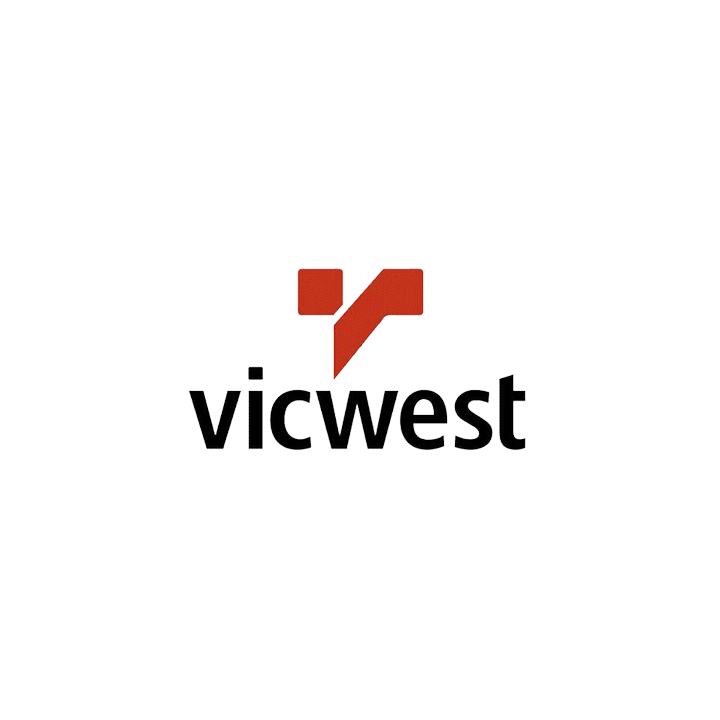 A red and black logo for vicwest on a white background