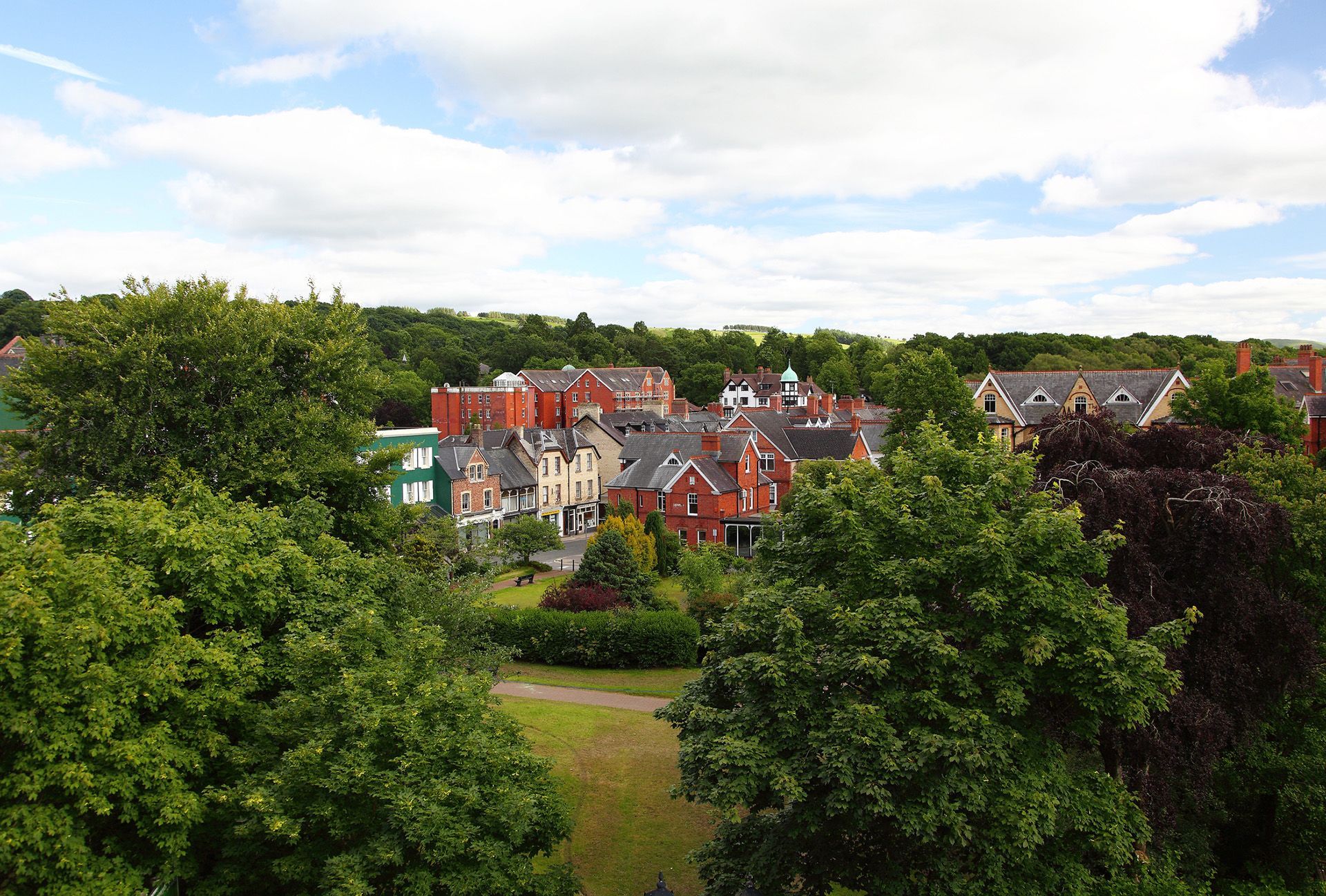 An aerial view of a residential area surrounded by trees and houses