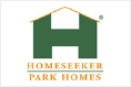 The homeseeker park homes logo is a green house with a white roof.