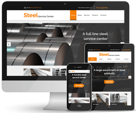A computer , tablet , and phone are displaying a website for a steel service center.