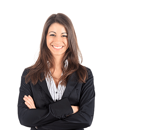 A woman in a business suit is smiling with her arms crossed