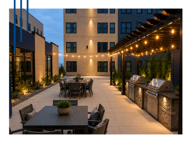 Renderings of an outdoor apartment grill space