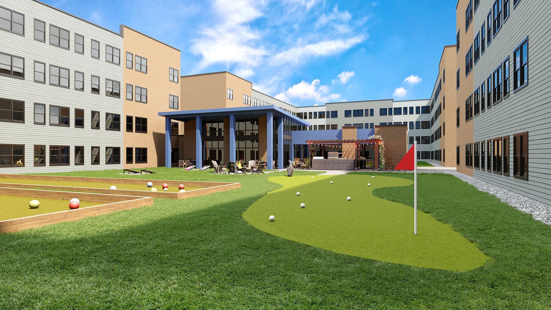 Exterior rendering with bocce ball court and putting green