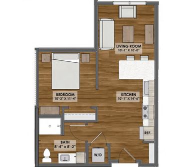 A floor plan of a small apartment with a bedroom , living room , kitchen and bathroom.