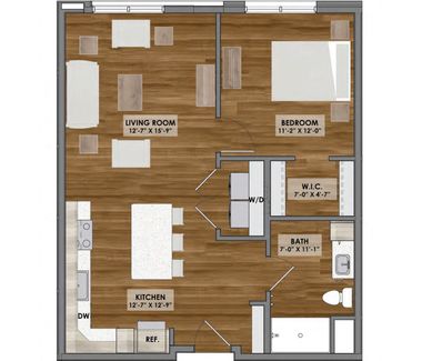 A floor plan of a house with a bedroom , living room , and kitchen.