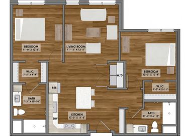 A floor plan of a house with two bedrooms , a living room , and a kitchen.