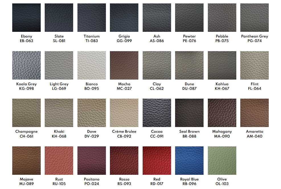 A variety of different colors of leather are shown on a white background