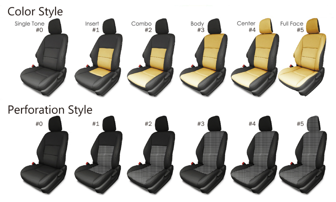 A row of car seats with the words color style and perforation style
