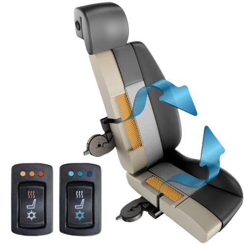 A car seat with two buttons that say ' sss ' on them
