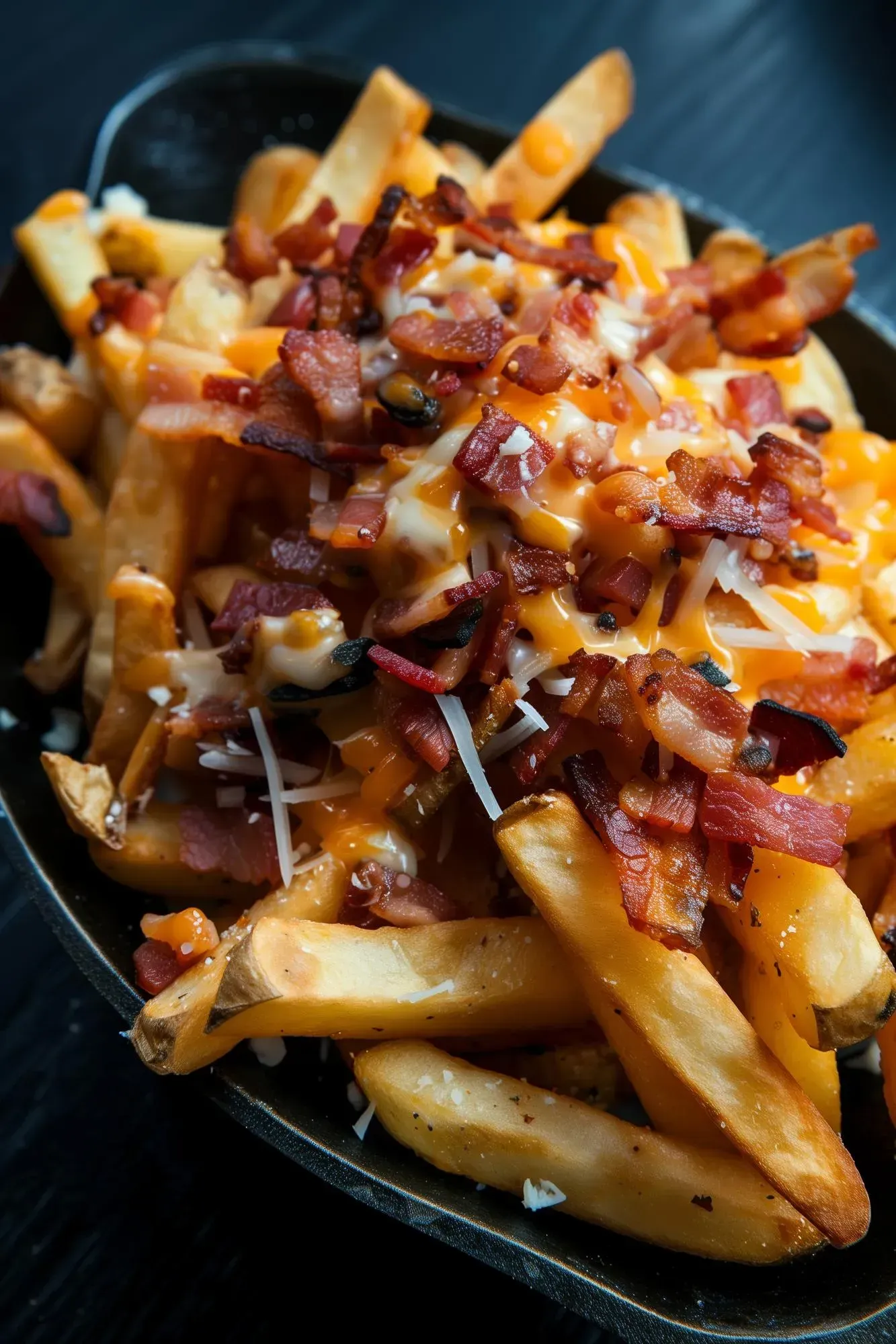 A bowl of french fries with cheese and bacon on a table.