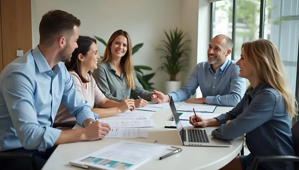 A group of people are sitting around a table having a meeting.