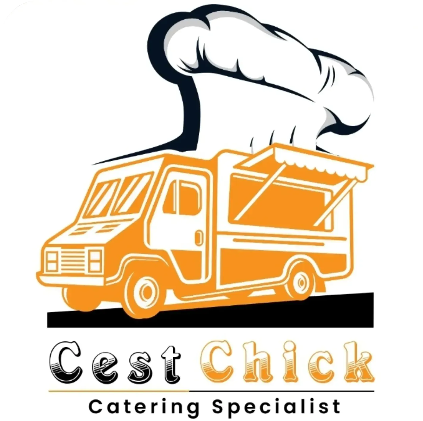A logo for cest chick catering specialist with an orange food truck