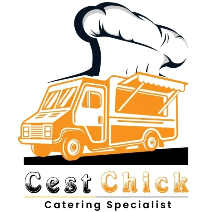 A logo for cest chick catering specialist with an orange food truck