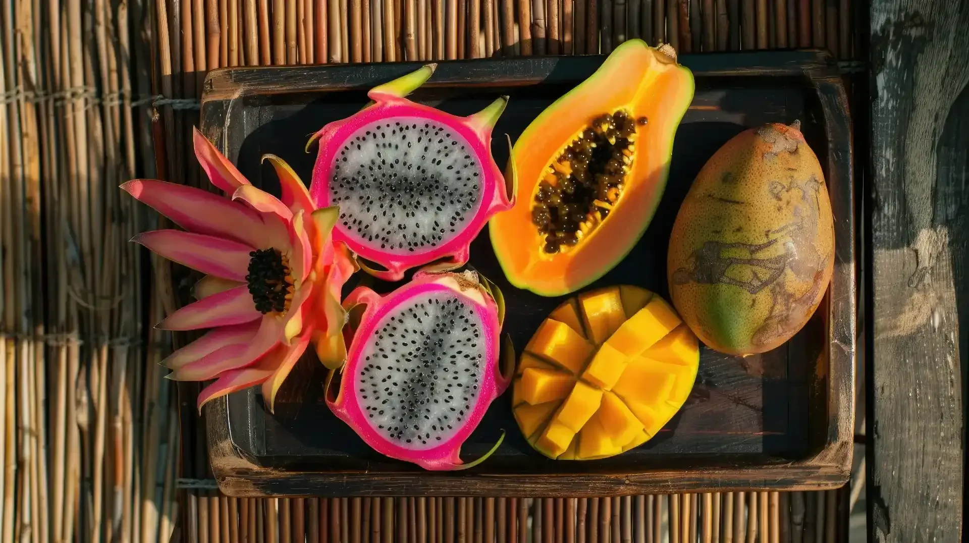 A wooden tray filled with tropical fruits including papaya , mango , and dragon fruit supplied by Cest Chick Catering Food Truck.