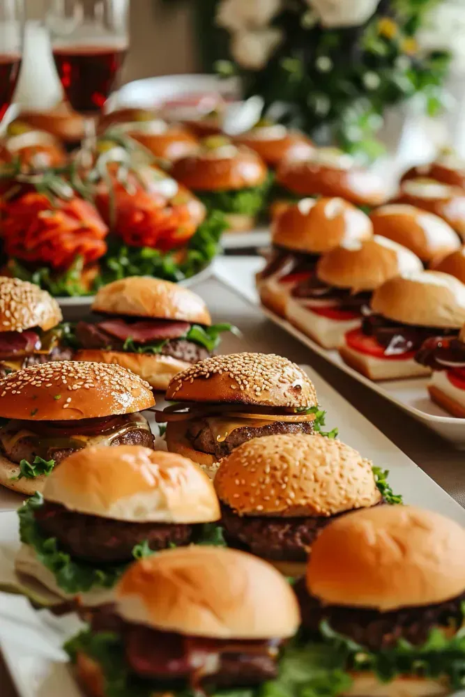 A bunch of hamburgers are sitting on a white plate on a table, supplied by Cest Chick catering Services.