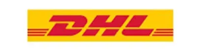 A yellow and red dhl logo on a white background