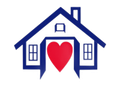 Blue house outline with red heart at center.