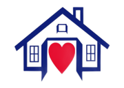Blue house outline with red heart at center.