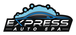 Express Auto Spa logo with a blue car silhouette, bubbles, and silver lettering on a black background.
