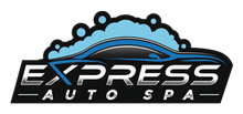 Express Auto Spa logo with a blue car silhouette, bubbles, and silver lettering on a black background.