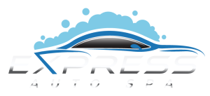 Express Auto Spa logo with a blue car silhouette, bubbles, and silver lettering on a black background.