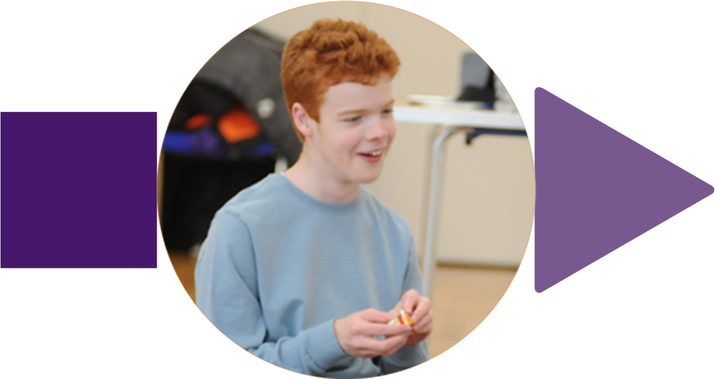 A boy with red hair is sitting in a circle with a purple arrow pointing to the right.