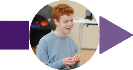 A boy with red hair is sitting in a circle with a purple arrow pointing to the right.