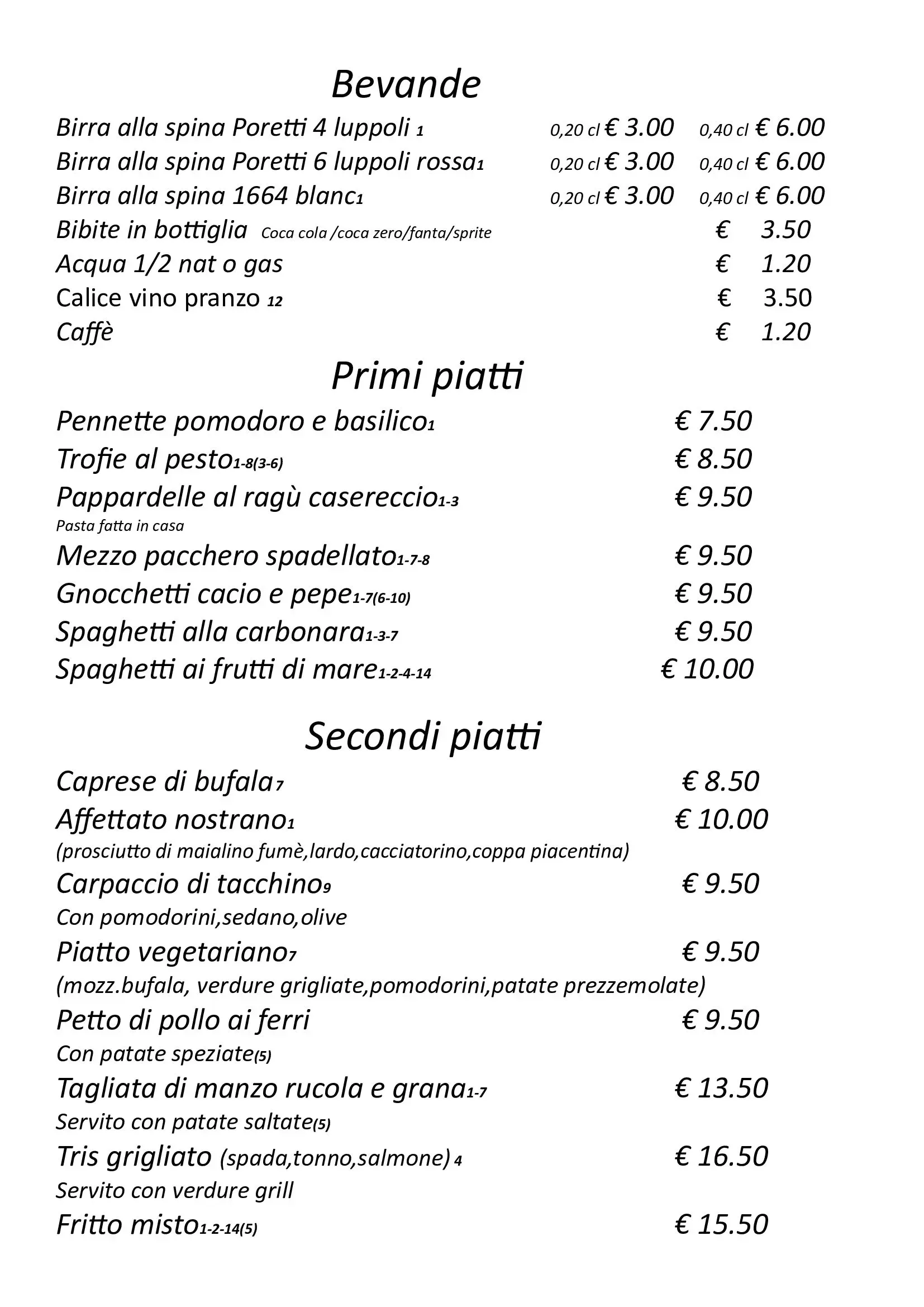 Menù di un ristorante francese con prezzi di antipasti, piatti principali e dessert su un foglio bianco.