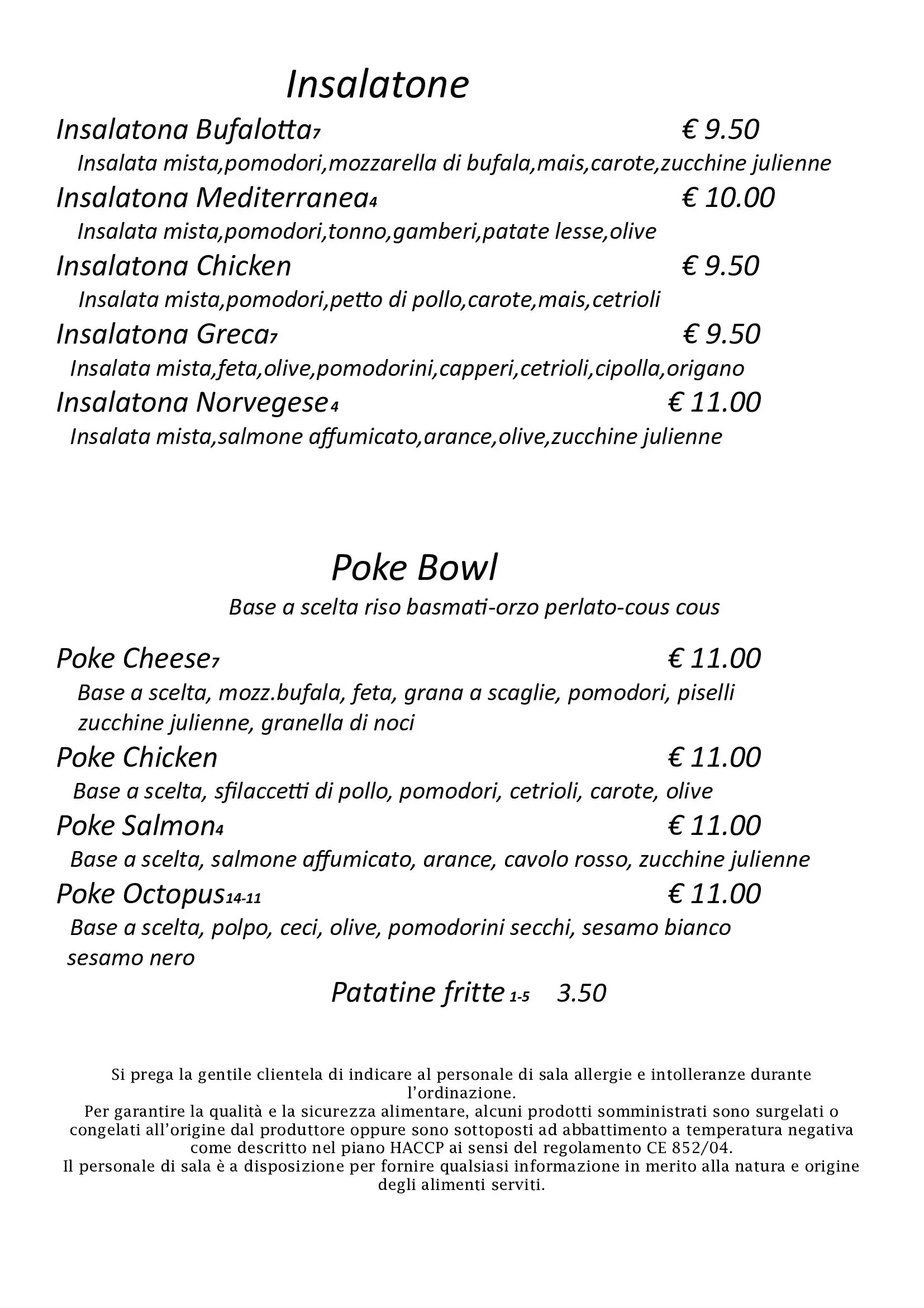 Pagina del menù sfocata in bianco e nero con titoli, descrizioni dei piatti e prezzi.