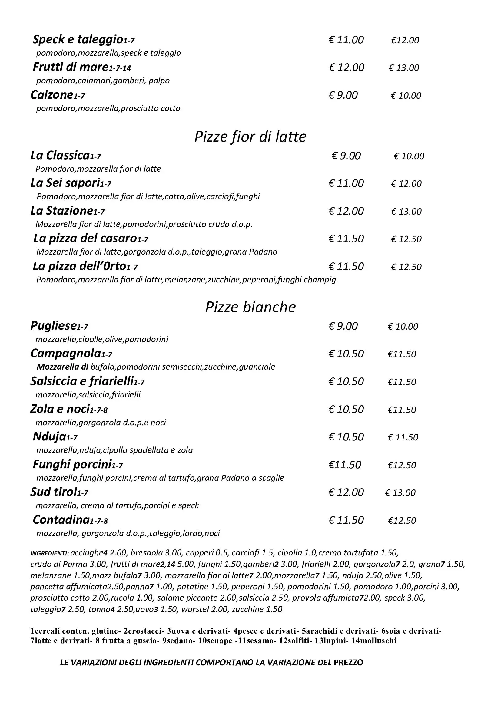 Elenco sfocato in stile menù su una pagina bianca con nomi degli articoli e prezzi disposti su due colonne.