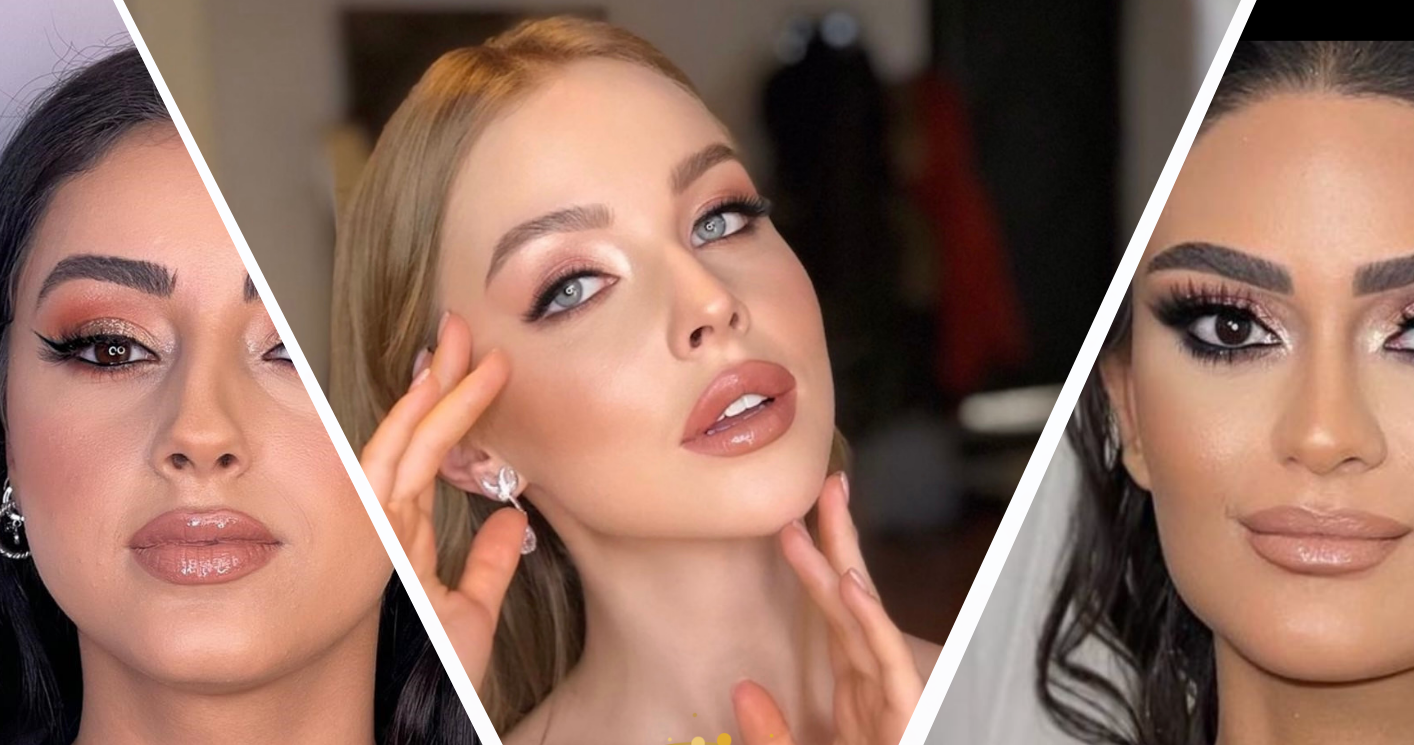 Zwei Frauen stehen nebeneinander und halten Make-up-Pinsel.