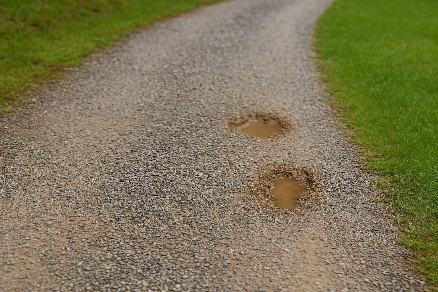 Gravel path with two muddy depressions, surrounded by green grass.