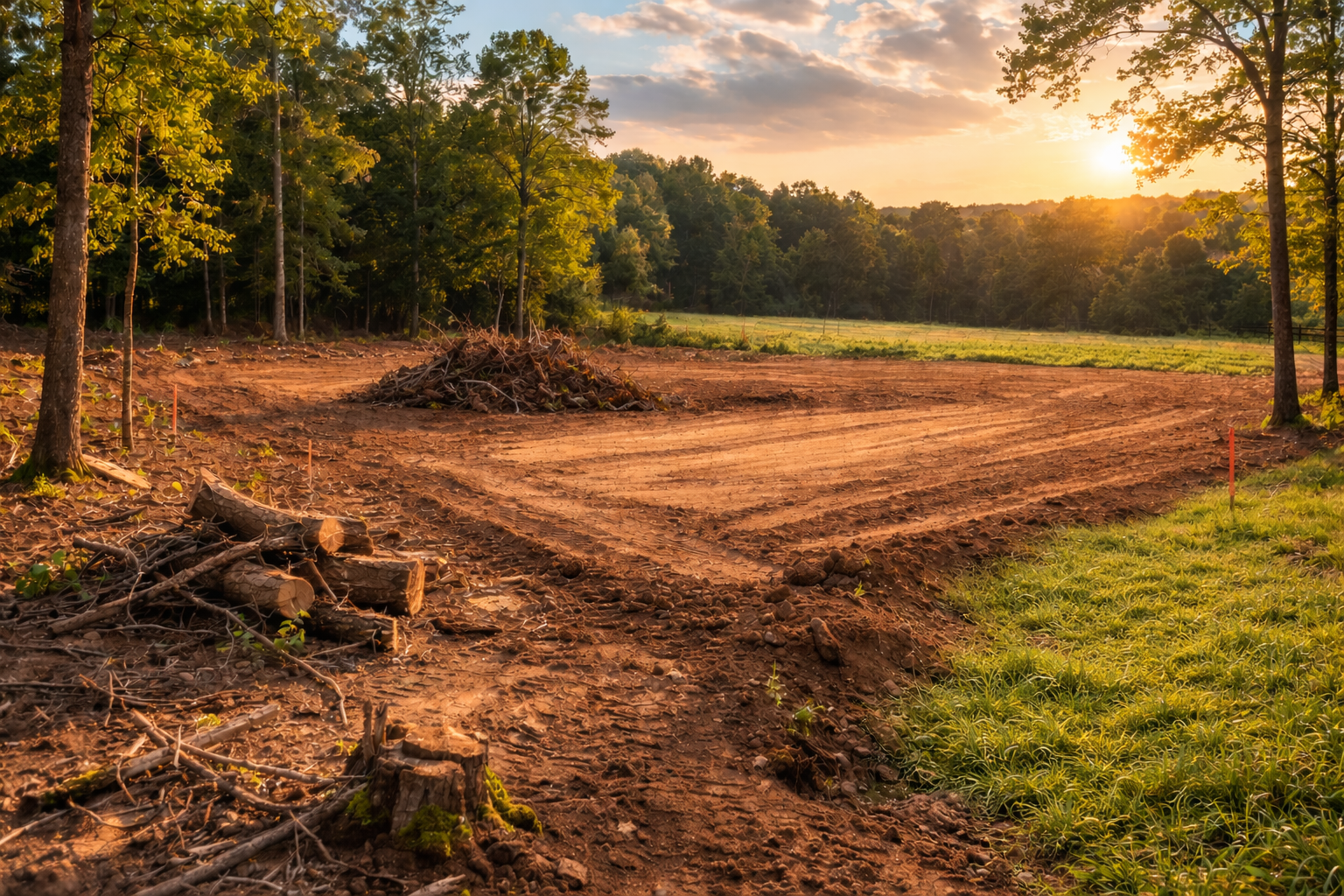 Clearing in a forest at sunset, with freshly turned earth and a pile of cut logs.
