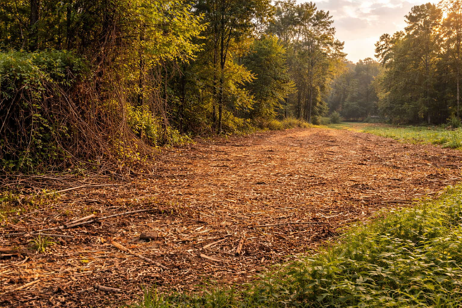 Clearing in a forest, covered in brown leaves, with trees on either side and the sun setting.
