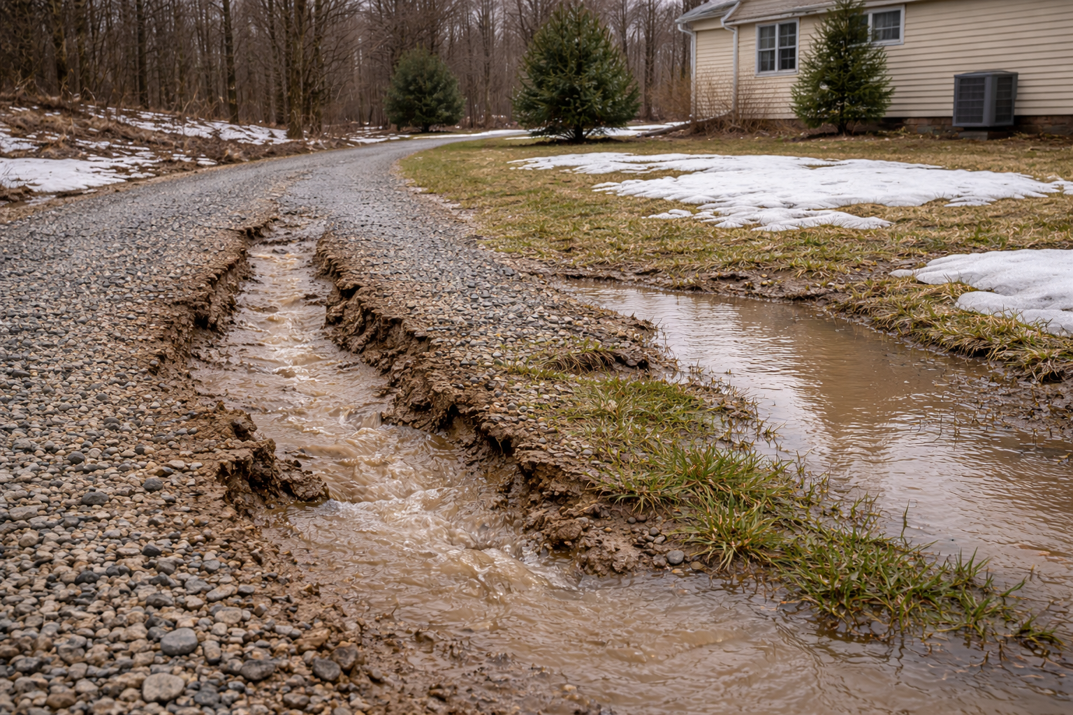 Muddy gravel driveway with water runoff. Near a house and patch of snow and grass.
