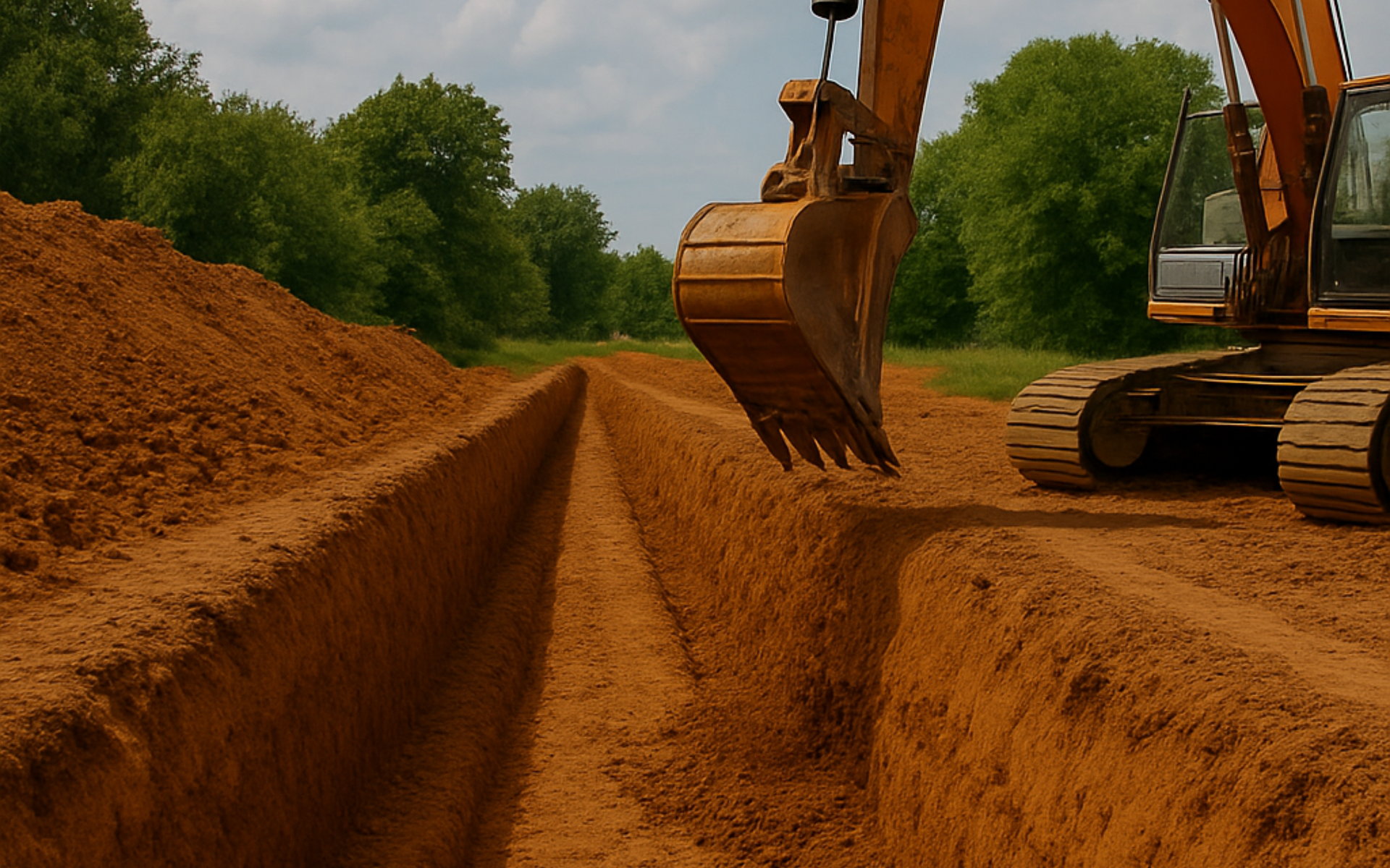 Excavator digging parallel trenches in brown soil, trees in background.