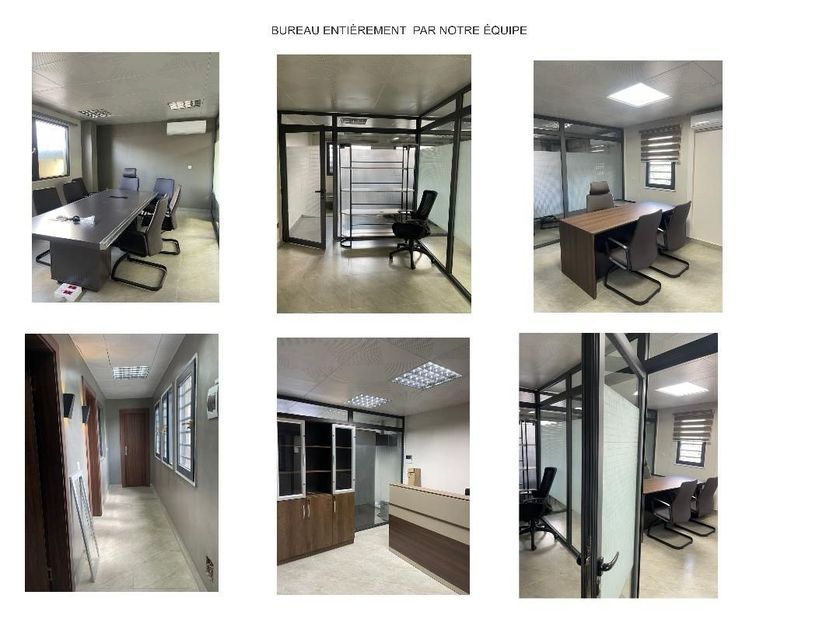 Un collage de photos d'une salle de conférence avec une longue table et des chaises.