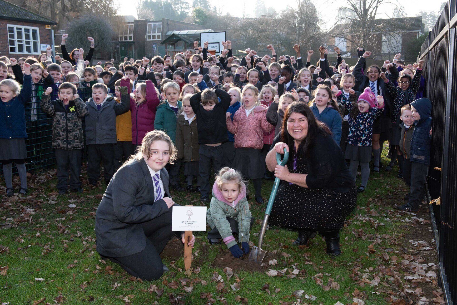 Children and staff from George Grenville Academy at the special tree planting event, part of the national 