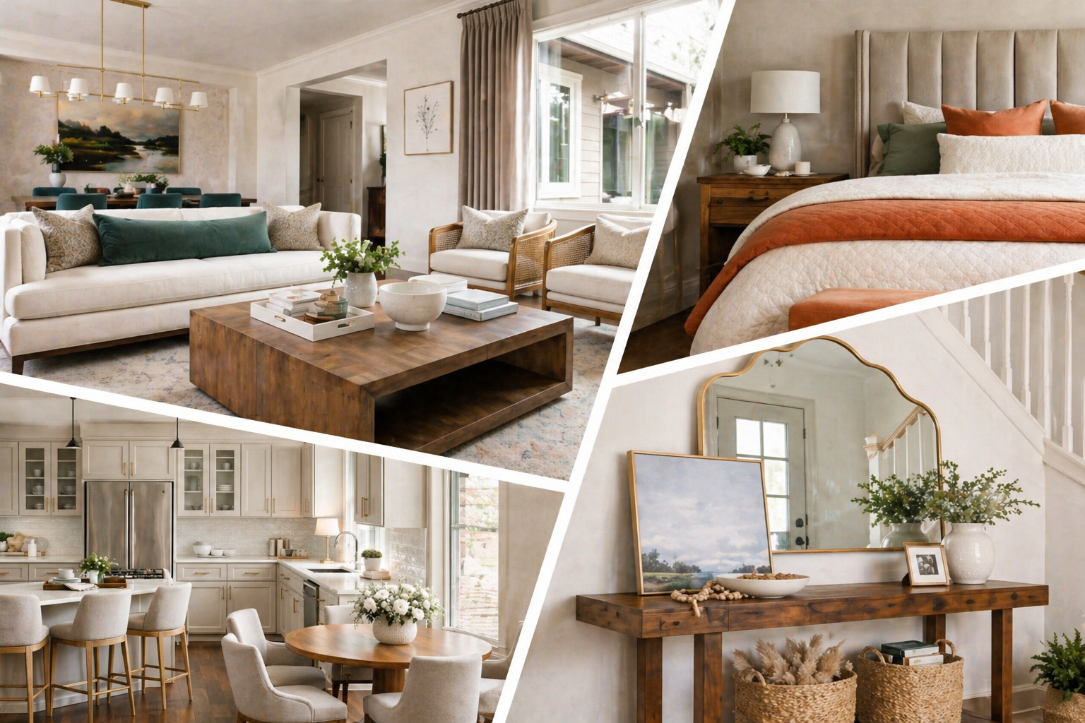 Collage of stylish small living room, kitchen and bedroom interiors showing space-enhancing layout