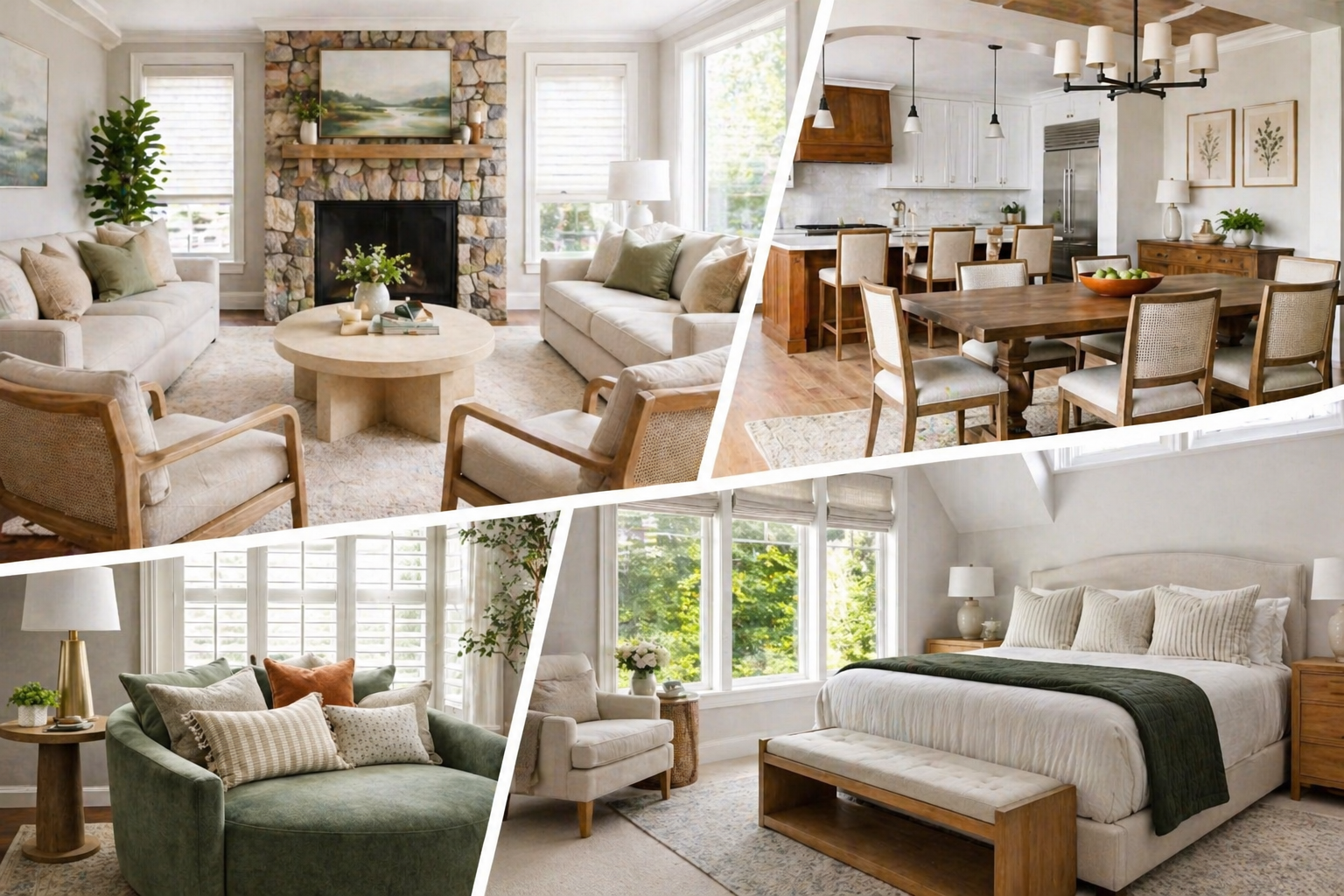 Collage of modern neutral interior design spaces including living room, kitchen, bedroom and styled 
