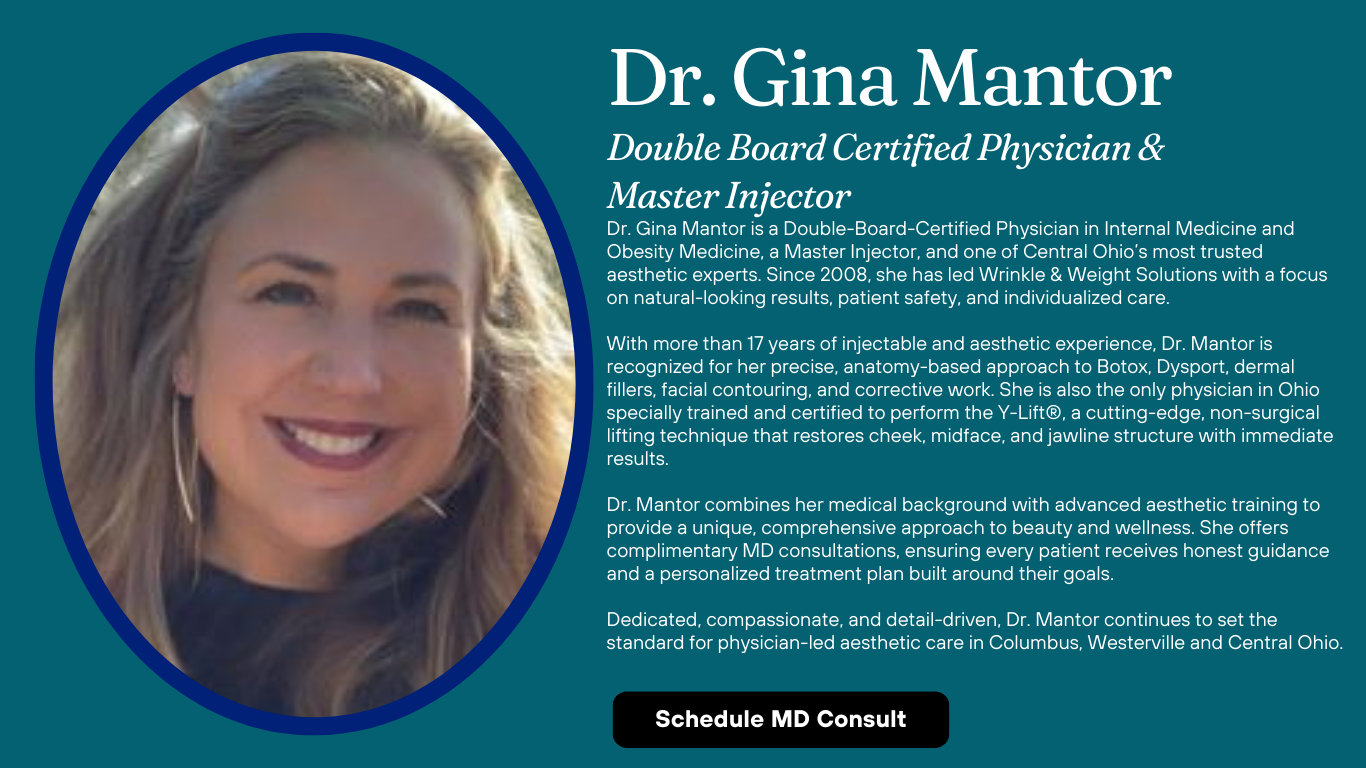 Portrait graphic of Dr. Gina Mantor, Double-Board-Certified Physician and Master Injector at Wrinkle & Weight Solutions, highlighting her expertise in injectables, Y-Lift, and physician-led aesthetic care.